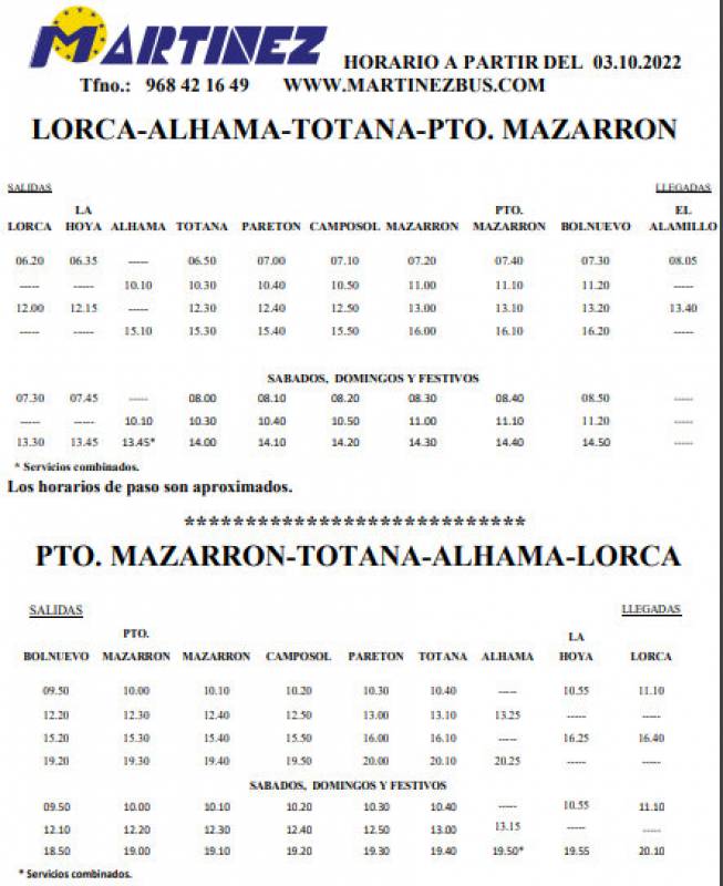 New bus and coach timetables for Mazarron and nearby localities autumn 2022