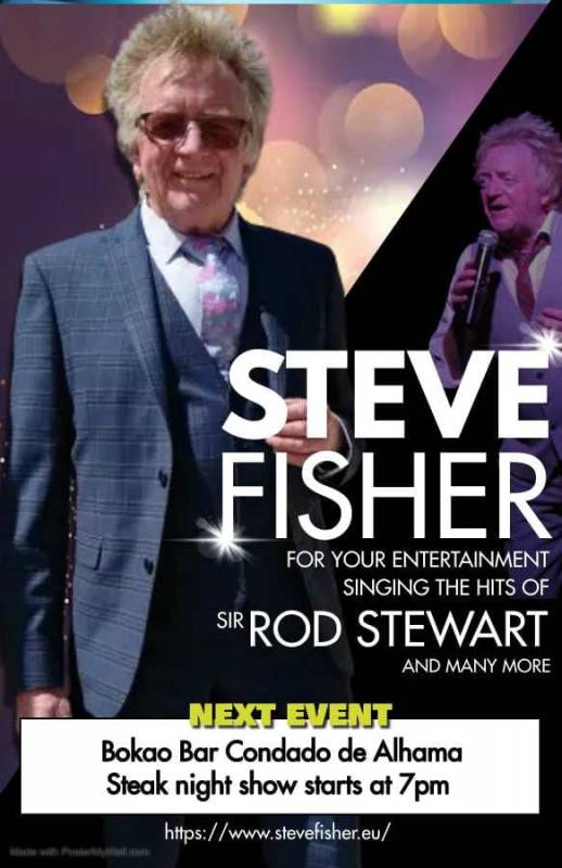 September 29 Steak Night and Steve Fisher performing as Sir Rod Stewart at the Bokao Bar Condado de Alhama Golf Resort